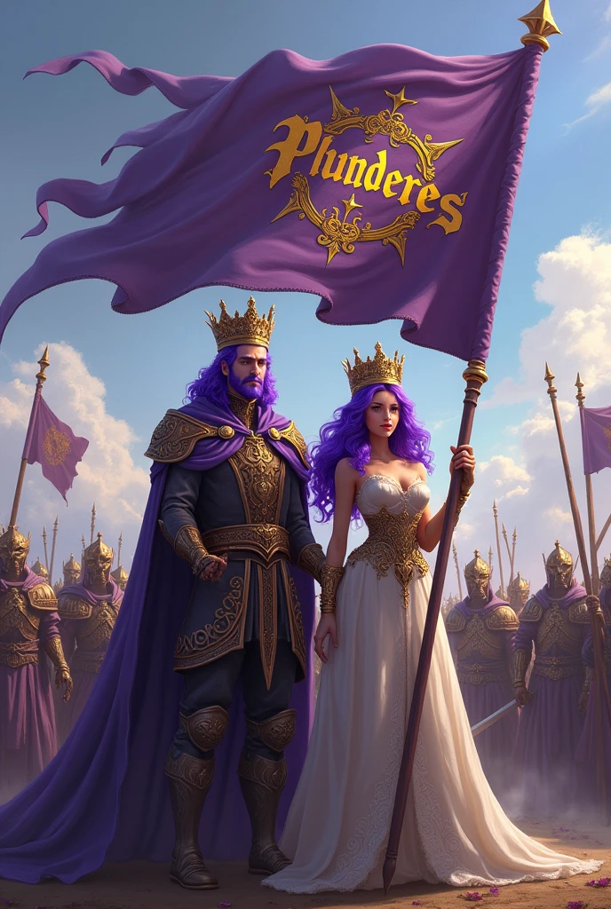 A purple haired man with a crown and a purple haired woman with a crown, holding the detailed flag with the word Plunderes in his hands and behind him his army of warriors