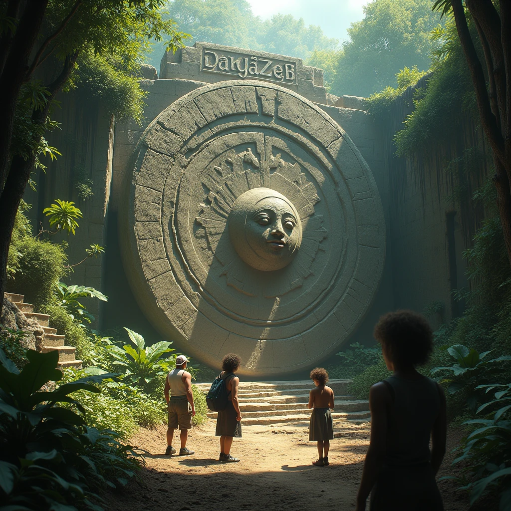 a giant ancient sculpted stone disc with "DAGÄZ" title on top and a fitomorph face on center, being discovered from ground by archaeologists in a jungle ruins environment, highly detailed, ultra-detailed, (best quality,4k,8k,highres,masterpiece:1.2),ultra-detailed,(realistic,photorealistic,photo-realistic:1.37),HDR,UHD,studio lighting,extremely detailed stone texture,extremely detailed jungle foliage and environment,extremely detailed archaeological discovery,dramatic lighting,warm color tones,cinematic