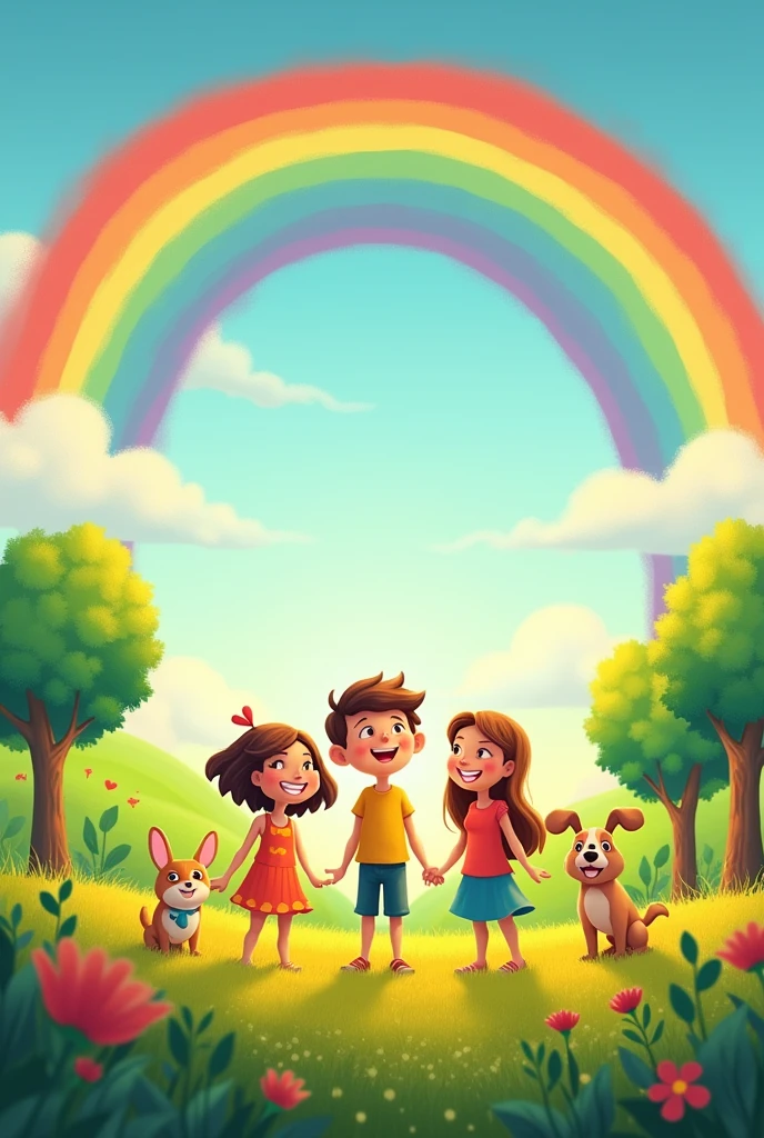 Image for cover put title: ethic, nature and societies and some people animals. Design as , Characters looking ahead and a very colorful landscape like in an open field, trees and rainbows. Animated design, very happy characters only pet animals