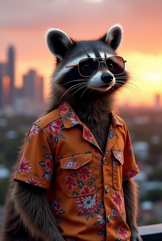 Adult male raccoon, with Hawaiian blouse, rayban sunglasses, at dusk to Los Angeles California