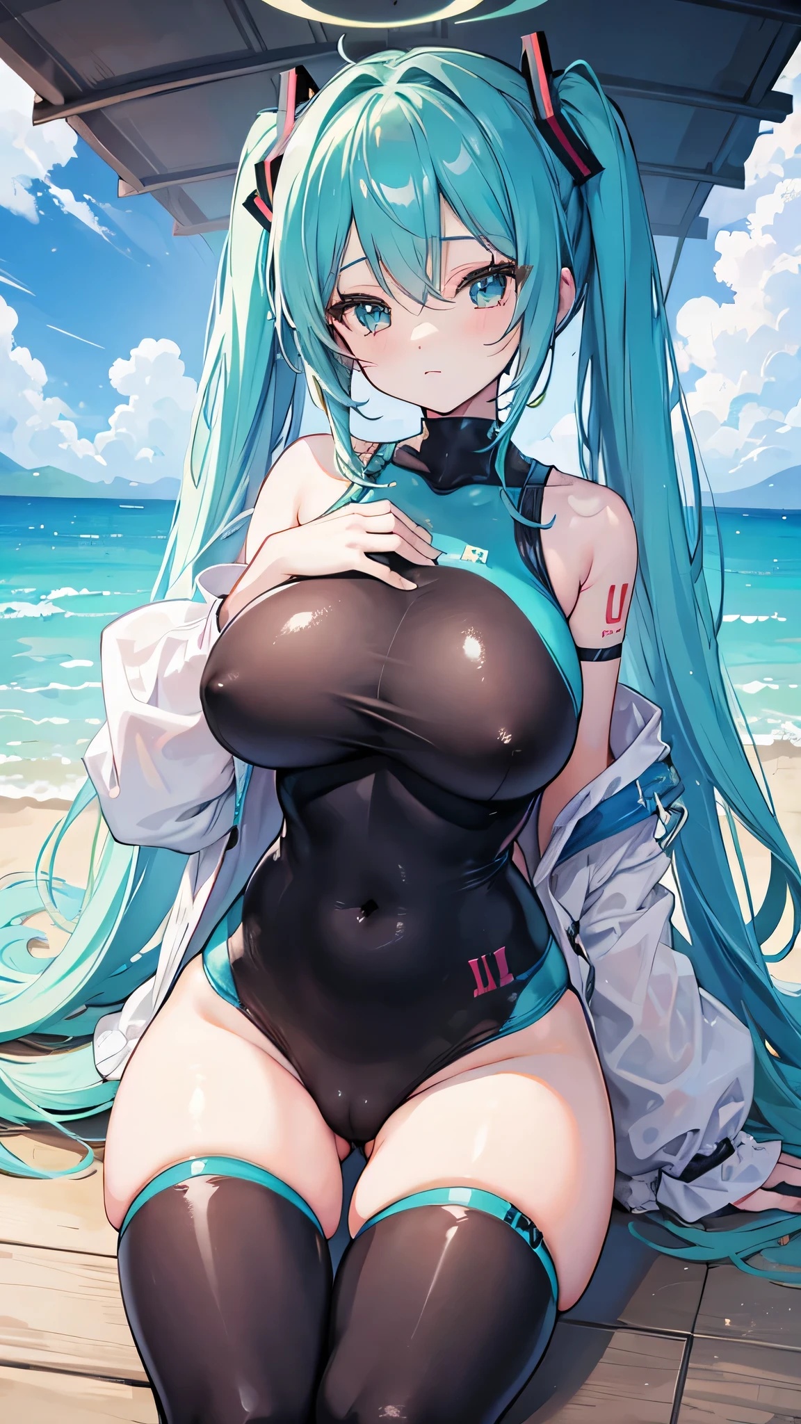 Hatune Miku, huge tits, camel toe, tight-fitting clothing, swimsuit