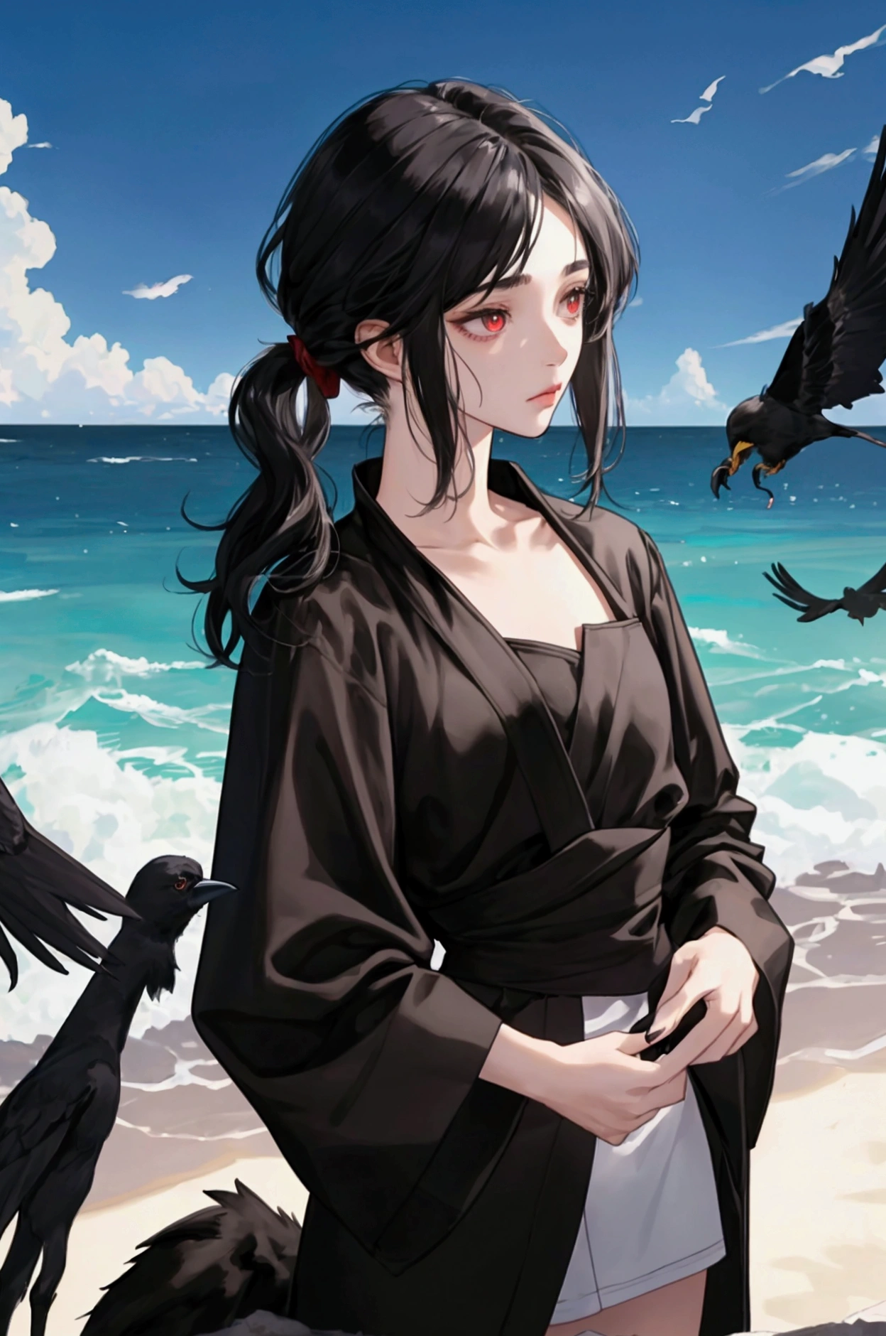 NSFW, short boy, feminine small shotacon, holding crow pet, small fragile body, black fur-lined clothes hanging on the shoulder, little to no clothes (showing core body), black hair, very messy mullet hair, bangs, shining crimson eyes, masterpiece, 8k, photorealistic, chiaroscuro lighting, dramatic shadows, cinematic composition, coast background, wearing black short, sharp black nails