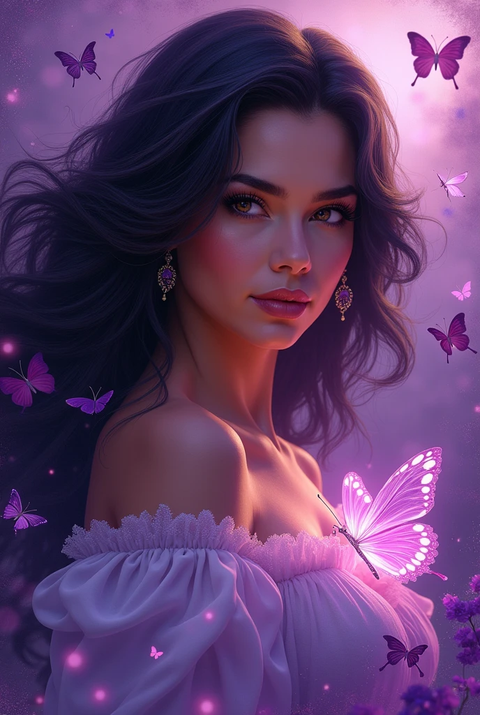 Create an image with details Selena Quintanilla,as well as details alluding to it,Also details in purple and butterfly things