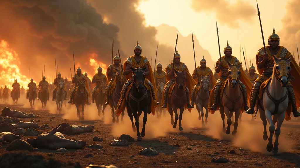 (photographie réaliste) Armée de thrace dans la grèce antique portant des armures étincelante à la lumière, des capes dorées, munie de leurs lances d'argents et leurs bouclier dorés, ils chargent vers les énnemies restant, sur un champ de bataille apocalyptique dévasté, jonché de cadavres suivant leur deux centurions légendaires. En arrière plan on apeçoit la ville de troies en feu