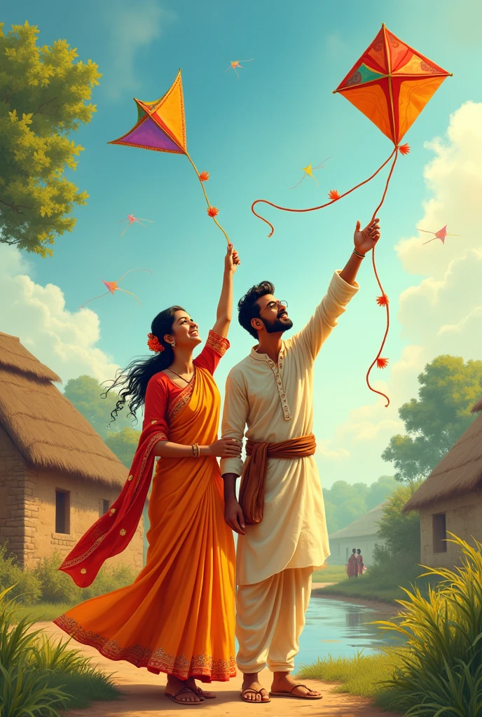 Women in sharee with husband in panjabi, flying kites in a village, tagore quote added