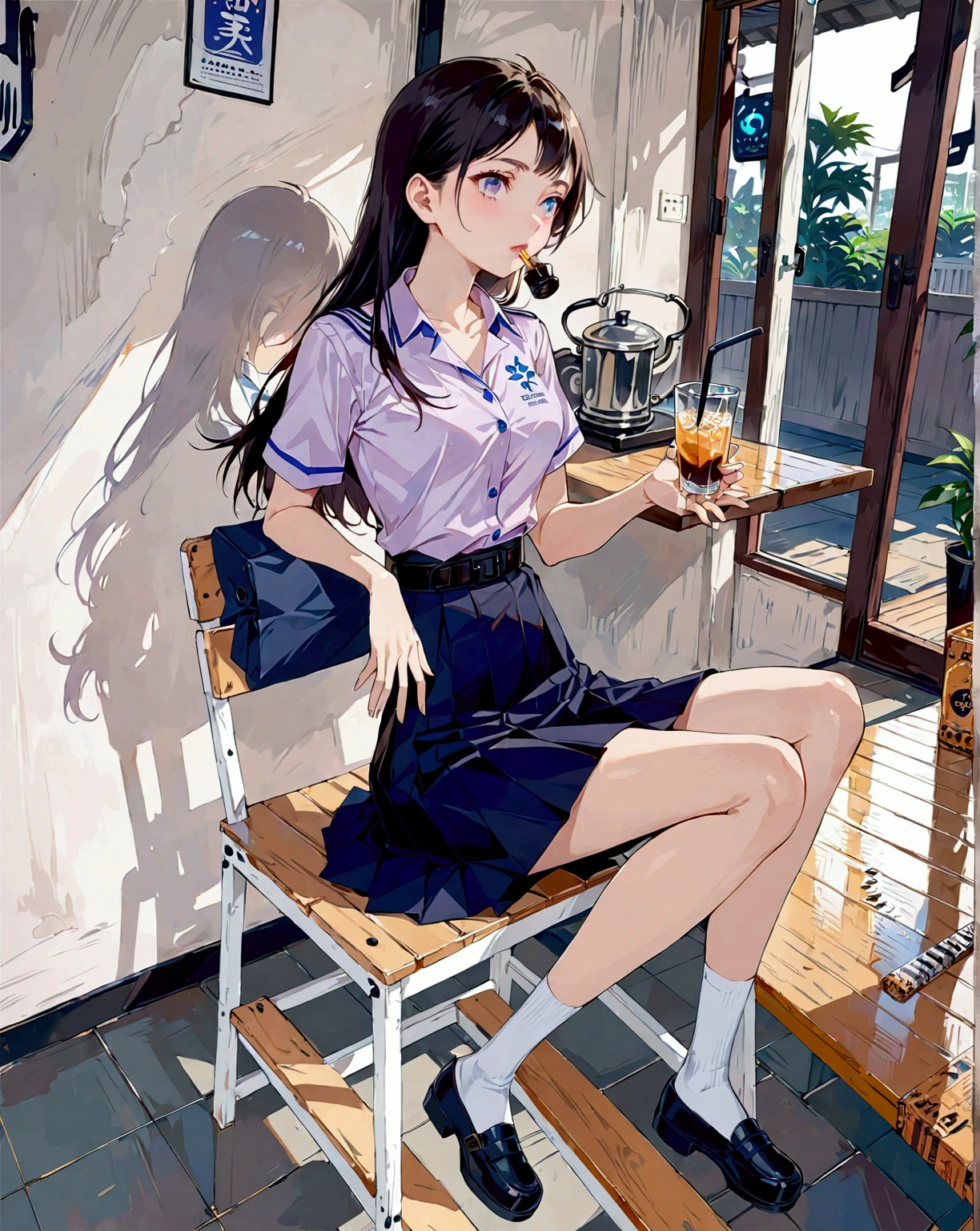 realistic anime illustration of beautiful Thai high school girl is drinking at good atmosphere cafe, she is black long hair, wears uniform : white short puff sleeve collared unbuttoned top blouse, dark navy-blue pleated pencil long skirt with black belt, white socks and black mary-jane shoes, (1girl, solo, full body), (masterpiece, best quality, japanese anime style), (expressive eyes, perfect face, perfect anatomy)