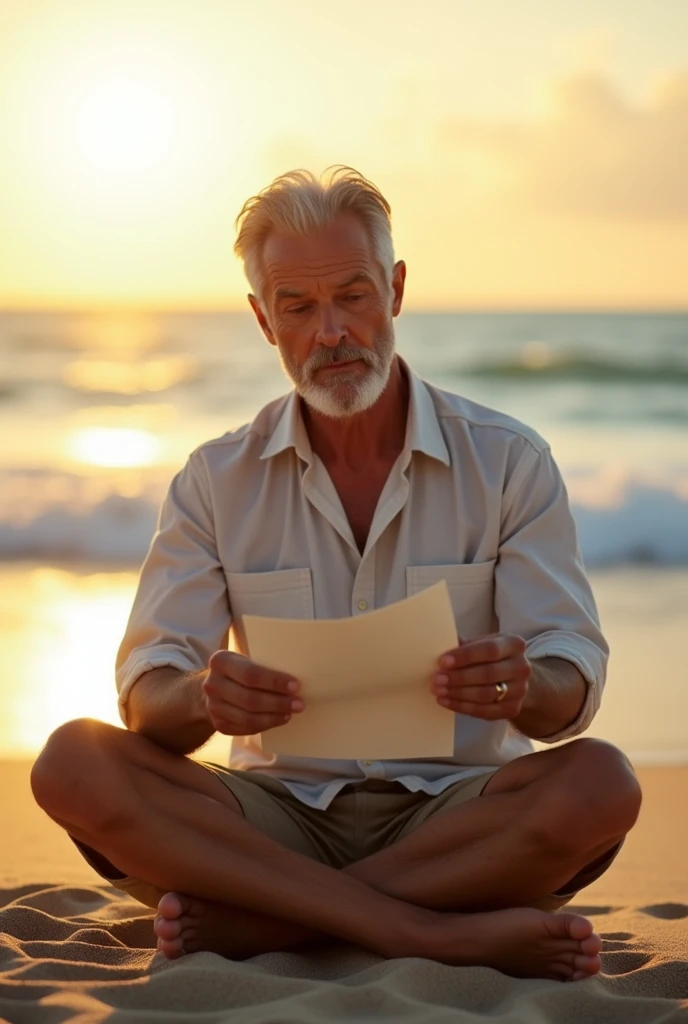 Man reading a letter on the beach