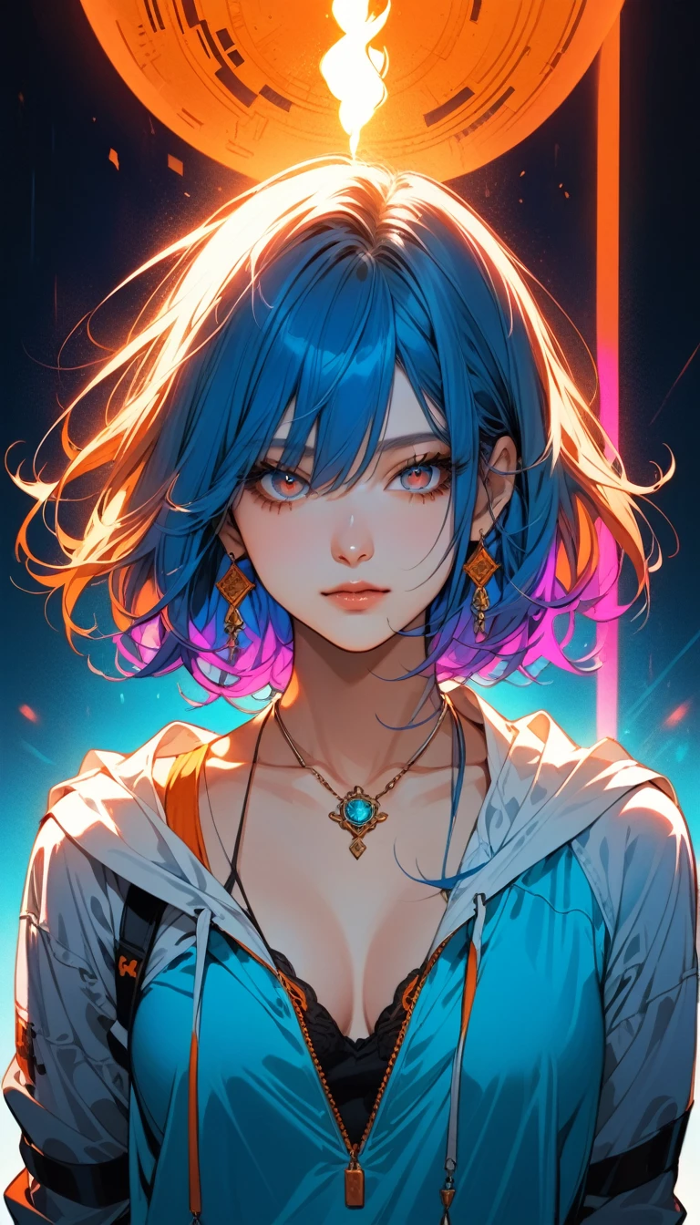 Neon Art,Illustrator, anime , Realistic ,sketch, 1 person, ,lip,Bollywood,(masterpiece,Highest quality) Indian background, Orange and marine blue hair,Expressionless,Hanging eyes, (masterpiece,Highest quality) ,whole body,