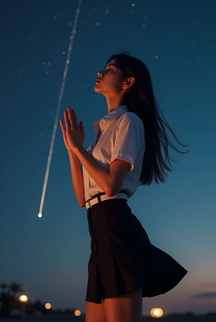 Korean-thai super model woman, in Thai university uniform, black tight slit mini skirt, starry sky, bright stars, slim and perfect figure, medium breasts, emphasize on breasts and hip and bottoms and thigh, rule of thirds, white tight short-sleeve button up shirt for woman, white sneakers, brown suede belt, silver modern canvas belt buckle, silver shirt buttons, black long straight messy hair, blow hair, beautiful face, dynamic compositions, 1 shooting star, standing, wishing, close eyes, tilt her head back, 2 hands fold together, interlock fingers, very dark, blue tone, orange highlight, slender, high detailed, best quality, masterpiece, 32k, ultra high resolution