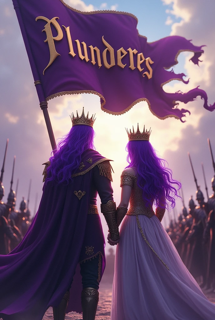 A purple haired man with a crown and a purple haired woman with a crown, holding the detailed flag with the word Plunderes in his hands and behind him his army of warriors