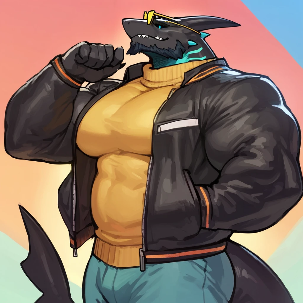 Medium muscular and chubby, badger, shirtless, in black shorts, Amber eyes, bluish-green mane, bluish-black fur, cream-white fur, By mystikfox61