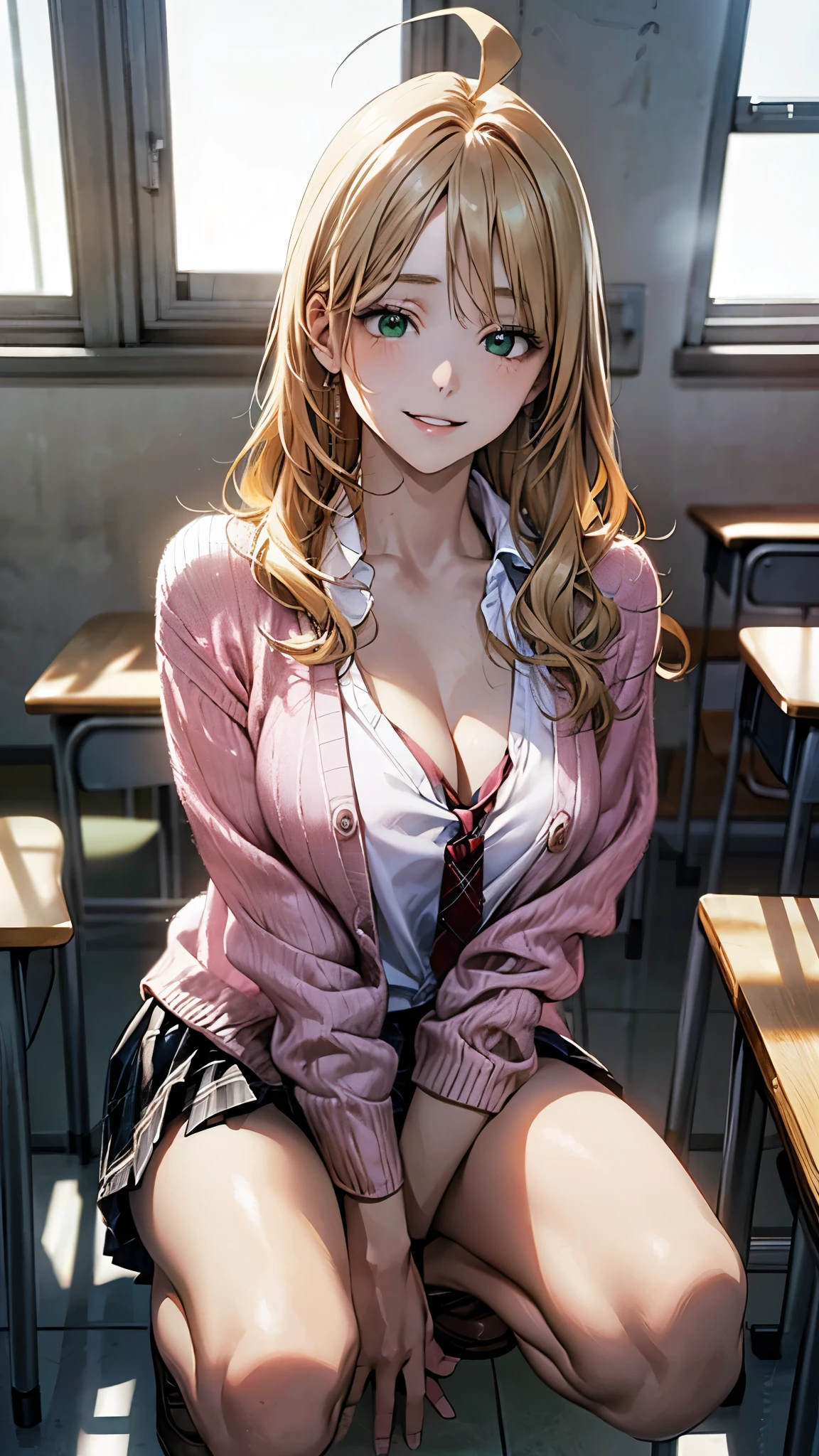 (masterpiece:1.2, highest quality), (realistic photo:1.4), beautiful illustrations, (natural side lighting, movie lighting), 
beautiful hair, beautiful face, detailed and beautiful eyes, beautiful clavicle, beautiful body, beautiful breasts, beautiful thighs, beautiful feet, beautiful fingers, 
looking at the viewer, 1 girl, miki hoshii, high school girl, (perfect anatomy, anatomically correct, super detailed skin), cute symmetrical face, baby face, perfect face, perfect eyes, 
(long hair, straight hair, messy hair, ash blonde hair), bangs, ahoge, emerald green eyes, big eyes, (medium breasts, seductive thighs), perfect body, shiny skin, slender, 
(detailed cloth texture, break long sleeve pink color knit cardigan, closed cardigan, break white collared shirt, break blue plaid pleated skirt, break blue plaid tie), break 
(beautiful scenery), evening, (school classroom:1.2), squatting, (peace sign), break (lovely smile, upper eyes, parted lips), 