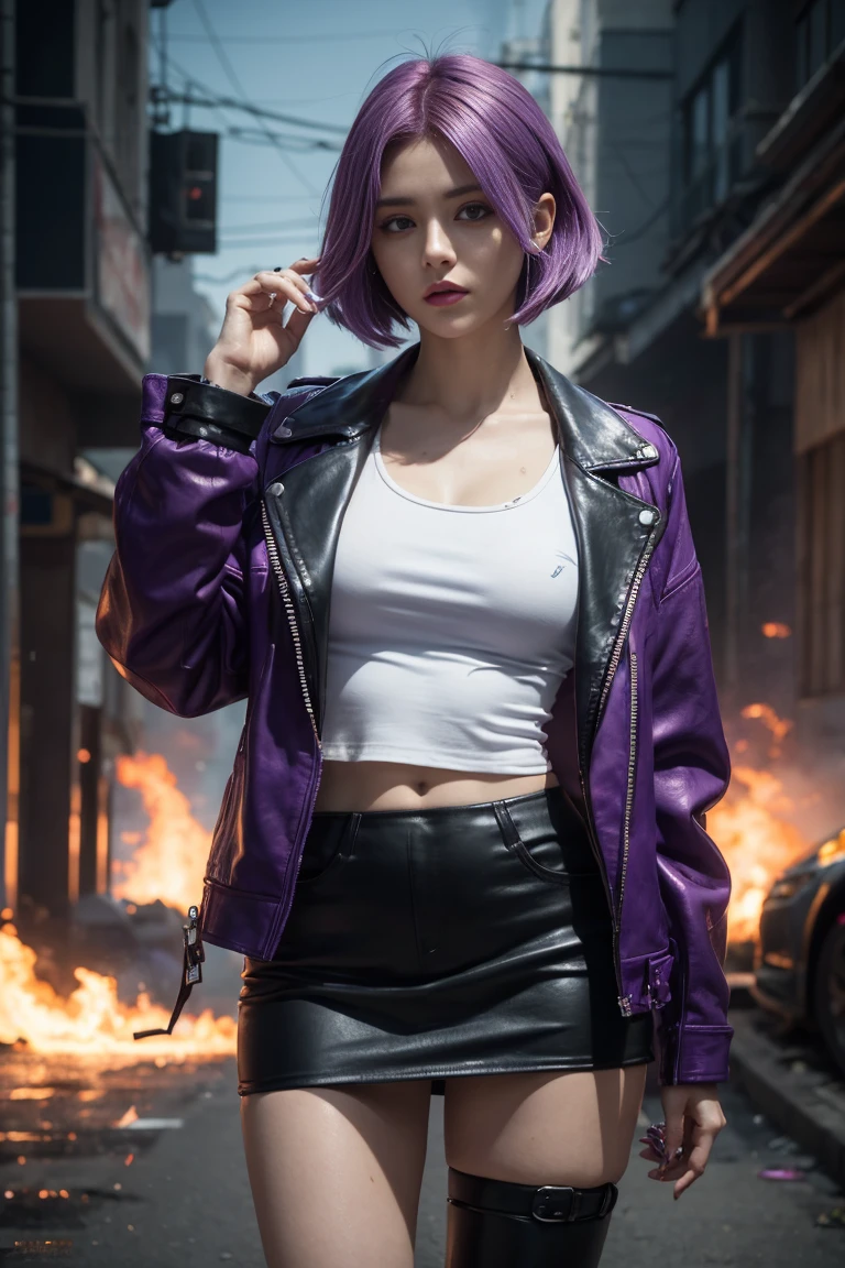 League of Legends girl style, skirt, a woman with purple hair, cyberpunk woman anime woman, potassium, Beautiful angry cyberpunk goddess, cyberpunk artstyle, cyberpunk anime digital art, cyberpunk anime art, Film Poster, portrait girl, cyberpunk anime art, cyberpunk themed art, cyberpunk dark fantasy, garota de League of Legends, 1 girl, short purple hair , short-hair, Purple hair girl, shorth hair, burning place, white shirt, dark red leather jacket, sideways, girl on an abandoned street, cabelo roxo, shorth hair, green eyes, Pink lips, standing, ultra detalhada, masterpiece, super verbose. garota de League of Legends. Purple hair girl/Violette, girl in brown pants, white blouse, dark red leather jacket, estilo uma garota de Resident Evil em um burning place, spark, spheres of light, Film Poster, League of Legends, League of Legends style, Saw from arcane in an abandoned city, Everything is burning, fire everywhere, Purple hair girl, shorth hair