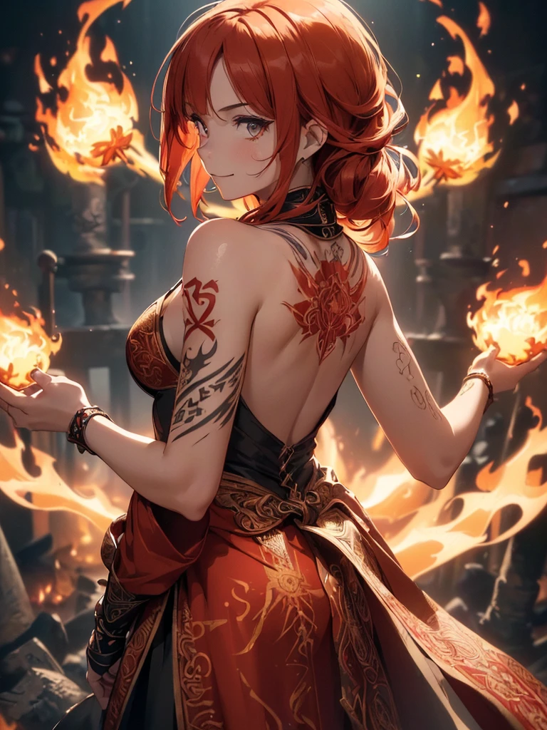 (((best quality, sharp image, clear image, cinematic lighting, 8k resolution, masterpiece, ultra detailed, intricate))) Girl, (((looking over left shoulder))), (shot from behind), fire mage, ((intricate background)), ((chaotic background)), red hair, smiling, ((flame runes, flame sigils)), (tatoo on back), slim figure, flying sigils, long dress