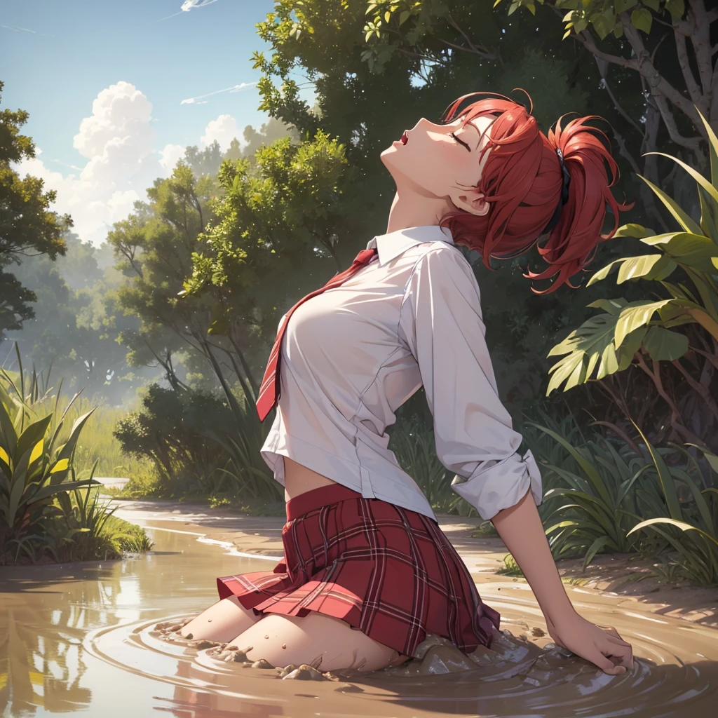 1girl, solo:1.5, masterpiece, best quality, high res, highly detailed, (illustration), beautiful detailed eyes, yuigahama yui, red hair ponytail, glossy lips, light makeup, orgasm, (looking up to the sky:1.5), (mouth open:1.2), intimate moment, school shirt, red skirt, (quicksand:1.4), (submerged up to her torso), (from side:1.4), bog, swamp, grass, trees, (eyes closed:1.3),