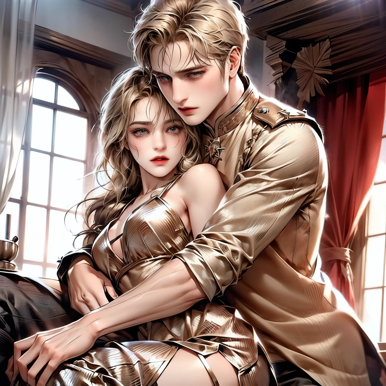 (masterpiece), (5K), (best quality), 2d Couple,((a blonde hair woman , pushed back locks, sharp eyes, slit_ pupils, pale eyes, small breasts)), brown eyes, ultra well detailed eyes, ((a light blonde hair guy, royal clothes)), a passionate hug