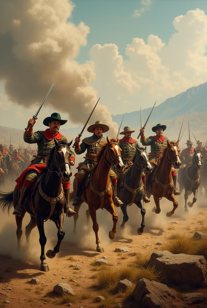 17th century Mexican soldiers charging with cavalry towards enemy line firing