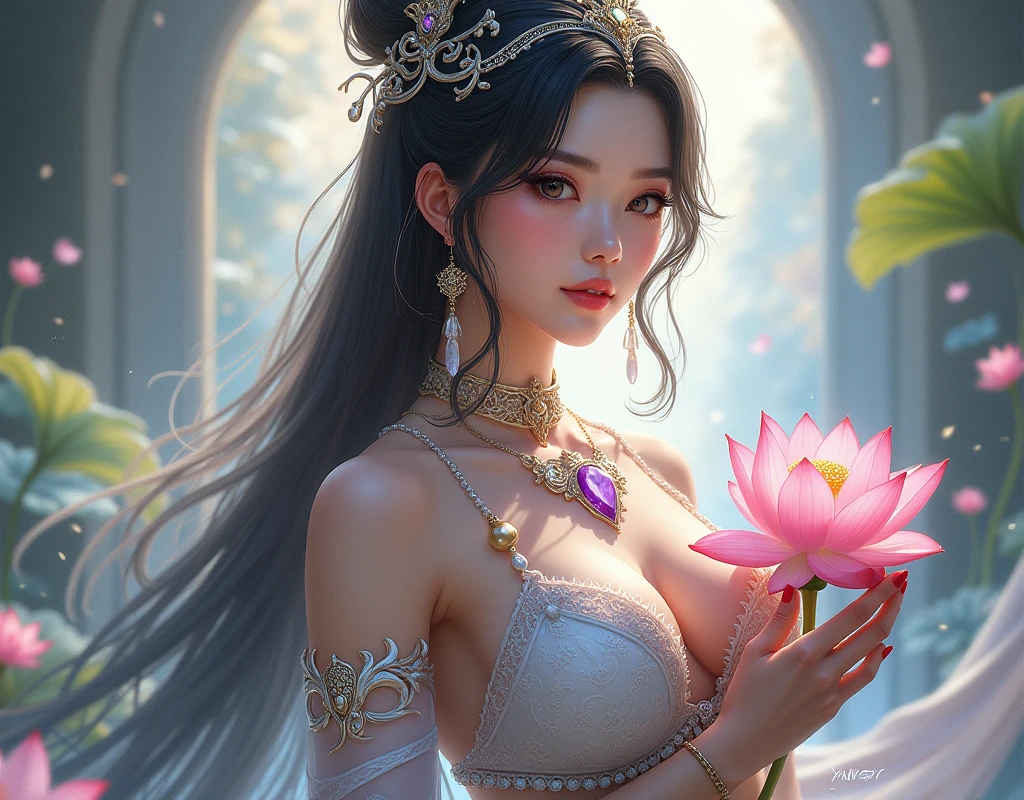Wearing sexy transparent platinum low-cut lace armor cleavage big breasts、Close-up of woman holding lotus, Headdress, Violet necklace, jade belt , Toned abdominal muscles, Beautiful fantasy queen, ((Beautiful fantasy queen)), Beautiful Celestial Mage, Beautiful character painting, Full body fairy, Portrait of the Knights of the Zodiac, author:Yang J, G Liulian art style, Fantasy art style, shorten