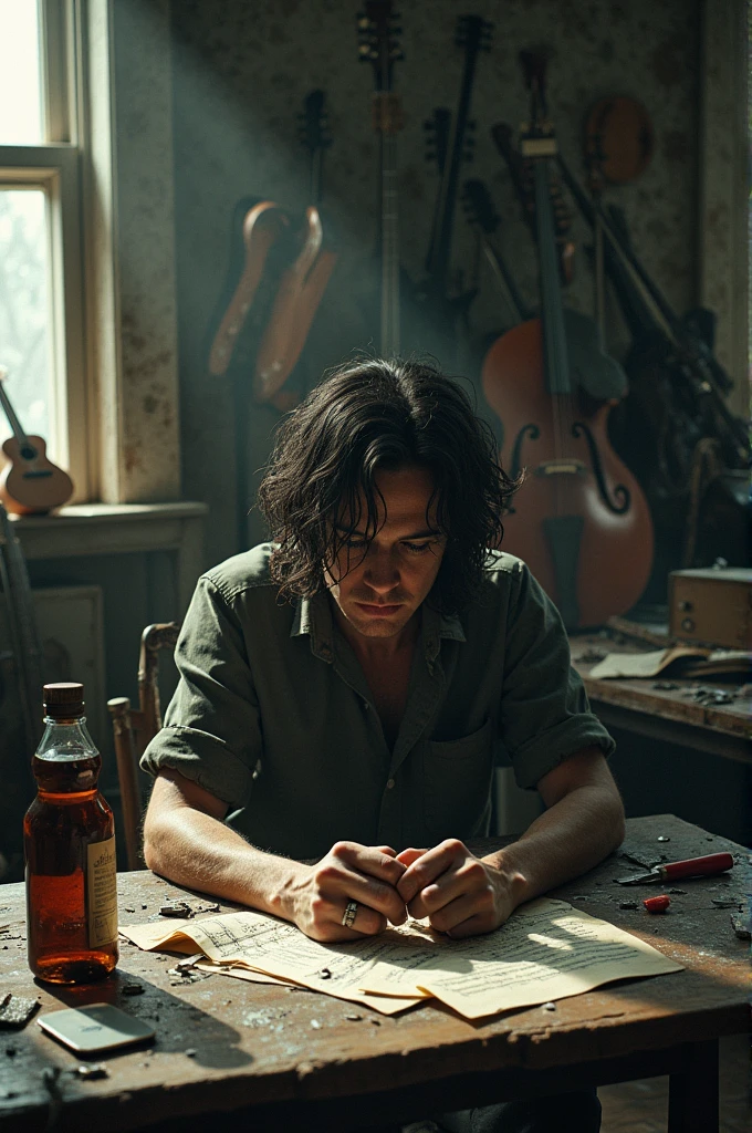 Failed singer using drugs on a dusty table in a room full of instruments