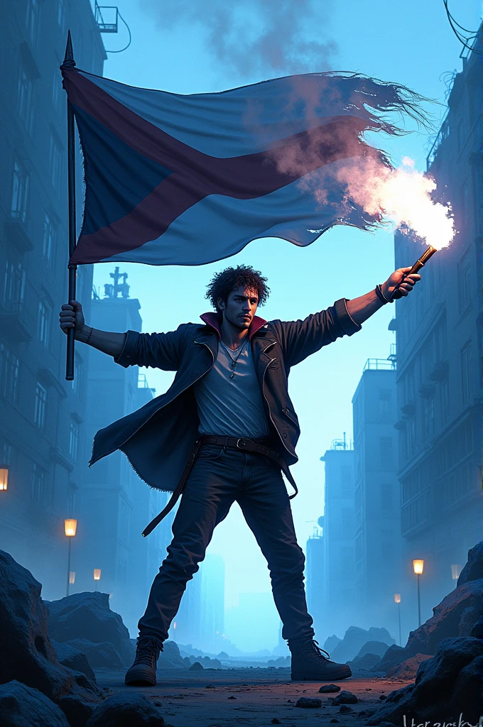 A hooligan with a flag and a flare in blue and white