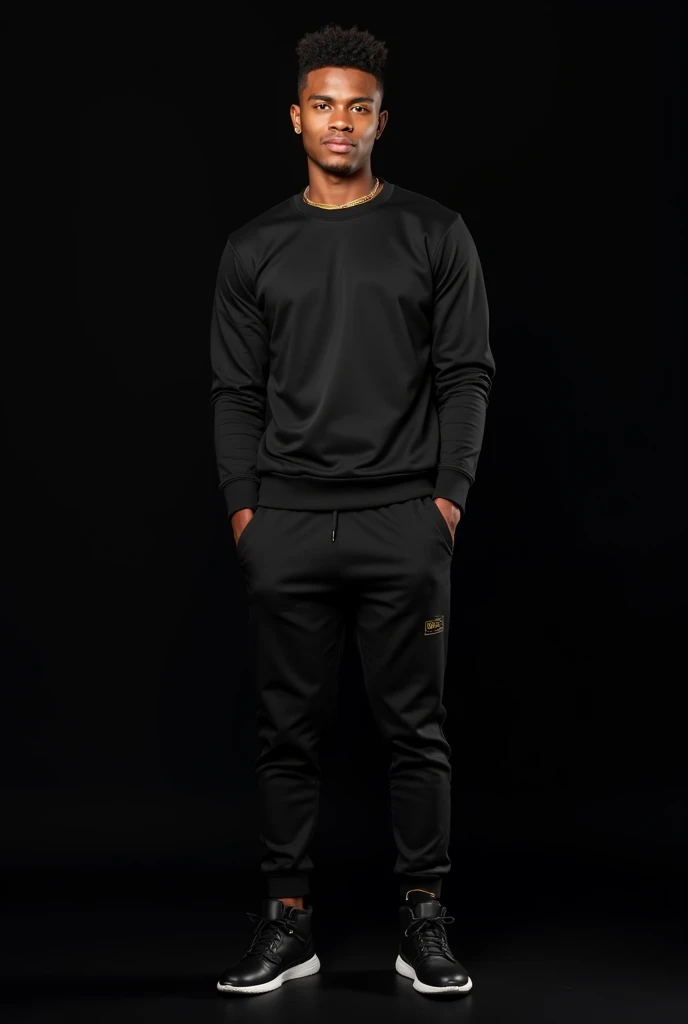 Young man, 20 years old, with black skin, a little fat muscle def body, dark brown eyes with a flirty expression, wearing black The Keep mascara, with young and hot black hair, wearing a black swedshirt with black jogger pants and black military sneakers, on a black background standing looking forward