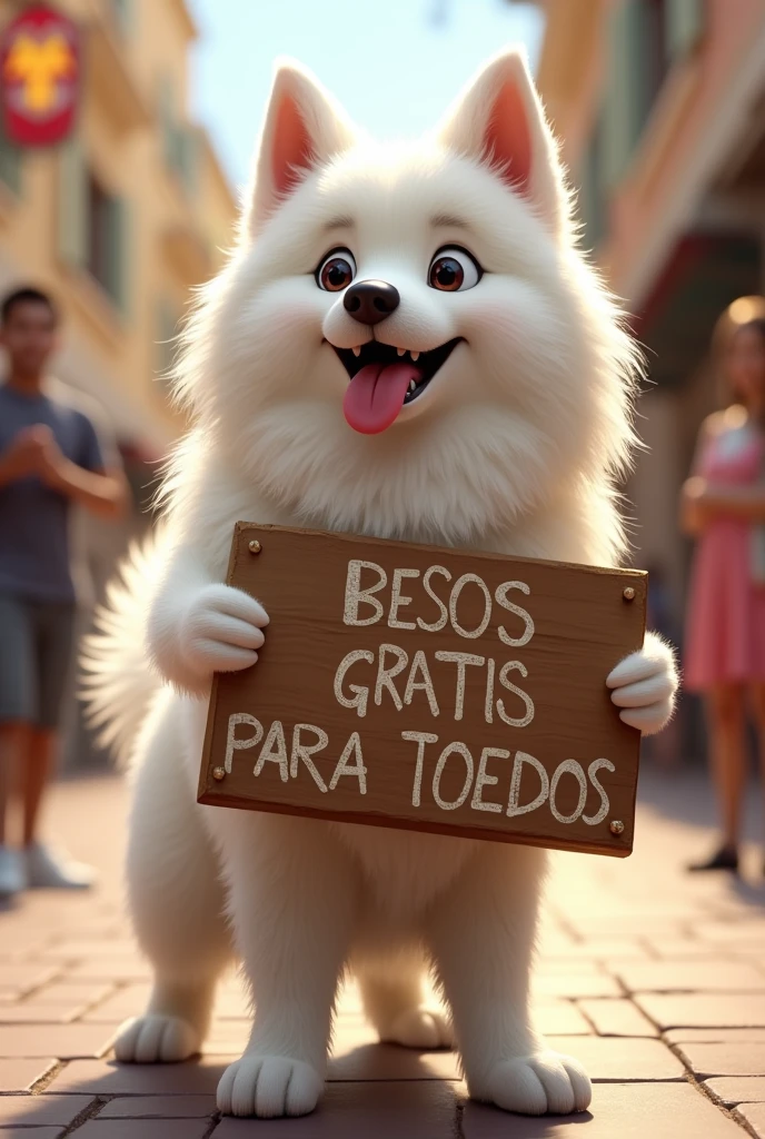 Create an image of a Samoyed with a sign that says in Spanish free kisses for everyone, all very real 