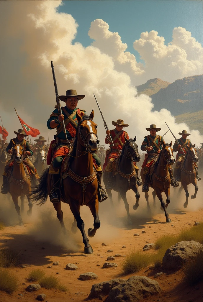 17th century Mexican soldiers charging with cavalry towards enemy line firing 


