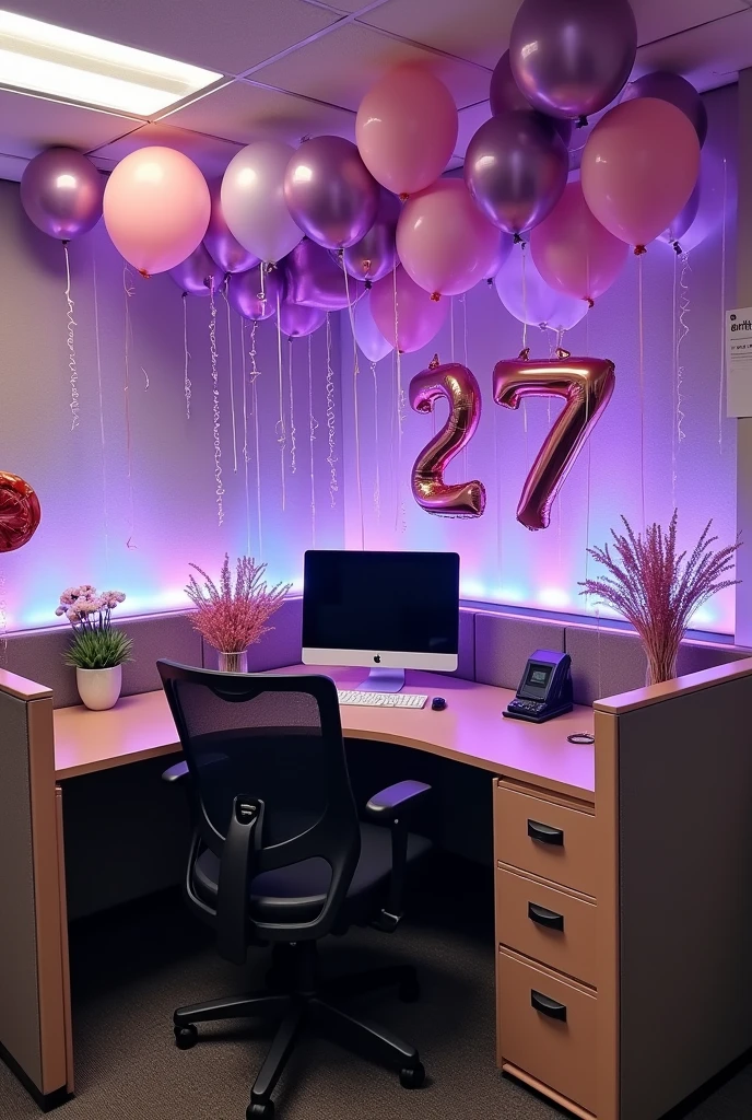 I WANT TO MAKE A NICE DECORATION FOR A 27 YEAR OLD WOMAN IN AN OFFICE: I WILL DESCRIBE THE SPACE WHERE I WANT TO DO THE DECORATION: IT IS A CUBICLE THAT HAS THE FOLLOWING DIMENSIONS: 120 CM LONG AND 230 CM HIGH; 0 CM TO 60 CM GOES FROM THE FLOOR TO THE DESK AND FROM CM 61 TO 230 IS THE HEIGHT OF THE CUBICLE, AND THERE IS A SURPLUS OF 40 CM TO REACH THE CEILING. Now BIEN, ON THE DESK THERE IS A DESKTOP COMPUTER WITH A BROWN BOARD IN THE BACKGROUND WHERE POST-IT NOTES ARE PLACED THAT GO FROM CM 60 TO CM 50, FROM CM 50 TO 230 IT IS DISTRIBUTED ON THE LEFT SIDE COVERING A LENGTH OF 120 CM, 35 CM THERE ARE THREE TYPES OF DRAWERS WITHOUT DOORS TO PUT DOCUMENTS OR PAPERS, AND FROM CM 36 TO 120 A DRAWER WITH TWO DOORS. THE DESK IS BLACK, THE BLACK COMPUTER, AND THE REST OF THE CUBICLE IS BROWN. Now, TAKING INTO ACCOUNT WHAT I AM TELLING YOU, GIVE ME A PROPOSAL IN IMAGE OF HOW THE DECORATION WOULD LOOK USING METALLIC LILAC BALLOONS, TRANSPARENT BALLOONS, BALLOONS ON THE CEILING, OTHERS THAT GO FROM THE GROUND TO THE HEIGHT OF THE DRAWERS, THE NUMBER 27 AND THE NAME OF ALI (Alicia).