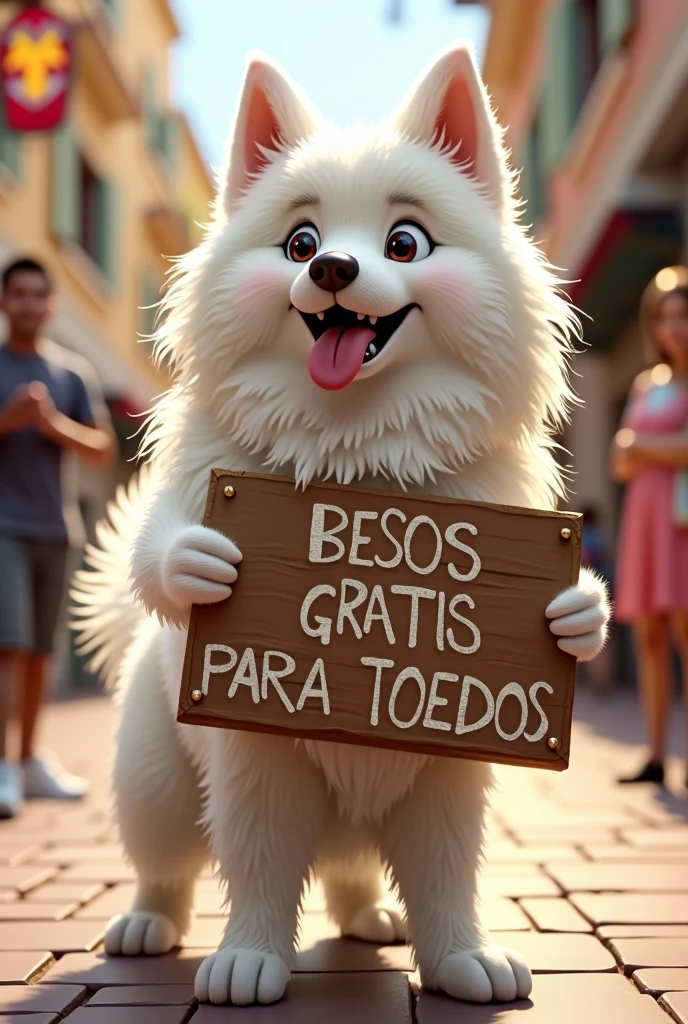 Create an image of a Samoyed with a sign that says in Spanish free kisses for everyone, all very real ￼