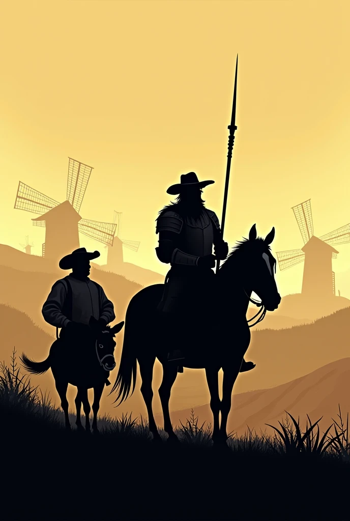 Create an illustration with just the silhouette of Don Quixote, a gentleman in iron armor and a lance on a horse, and his friend Sancho Panza, a short, pot-bellied man in a hat on his donkey, in a setting that is midsummer.. Remembering that the illustration must take place in 1605 and must have windmills