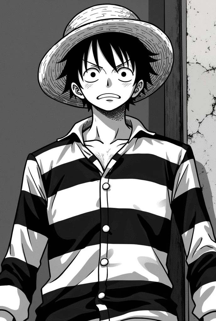 Monkey D. Luffy in prison uniform black and white striped long sleeves Original anime One Piece