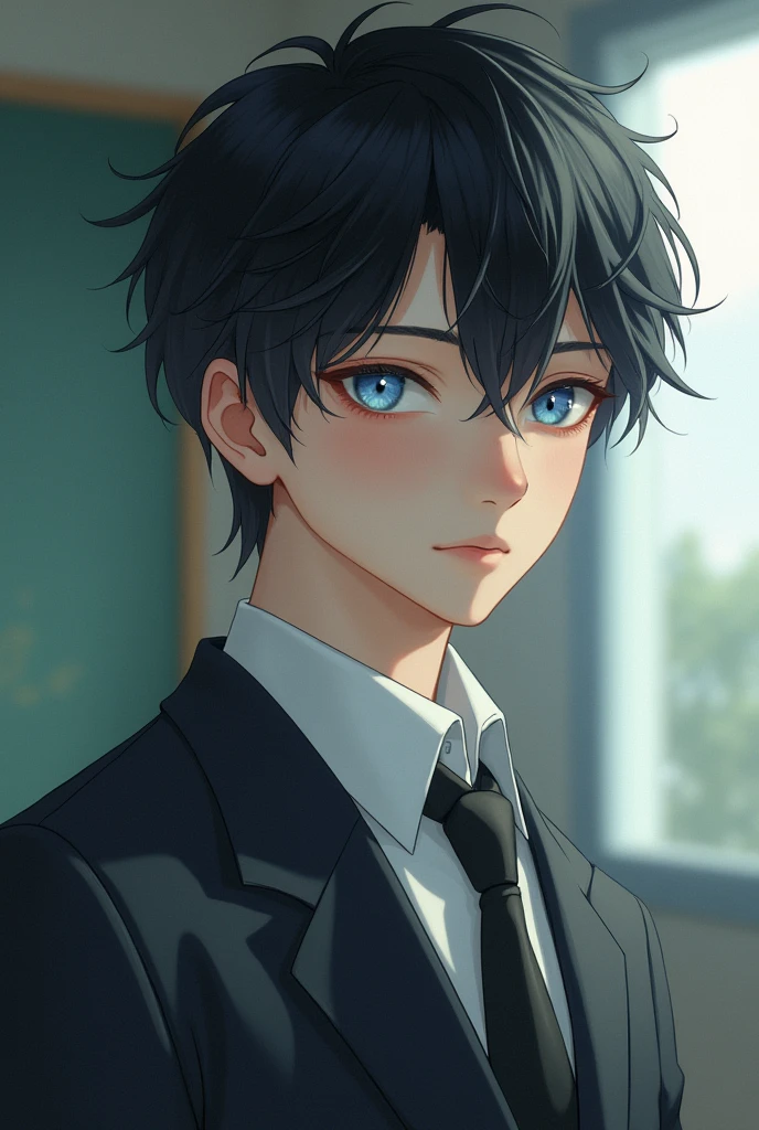 A black haired femboy blue eyes man wears a school uniform