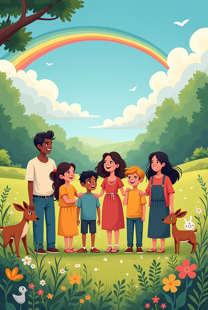 Image that says: "ethic, nature and societies" and some people and animals. Design as , Characters looking ahead and a very colorful landscape like in an open field, trees and rainbows. Animated design, very happy characters only pet animals