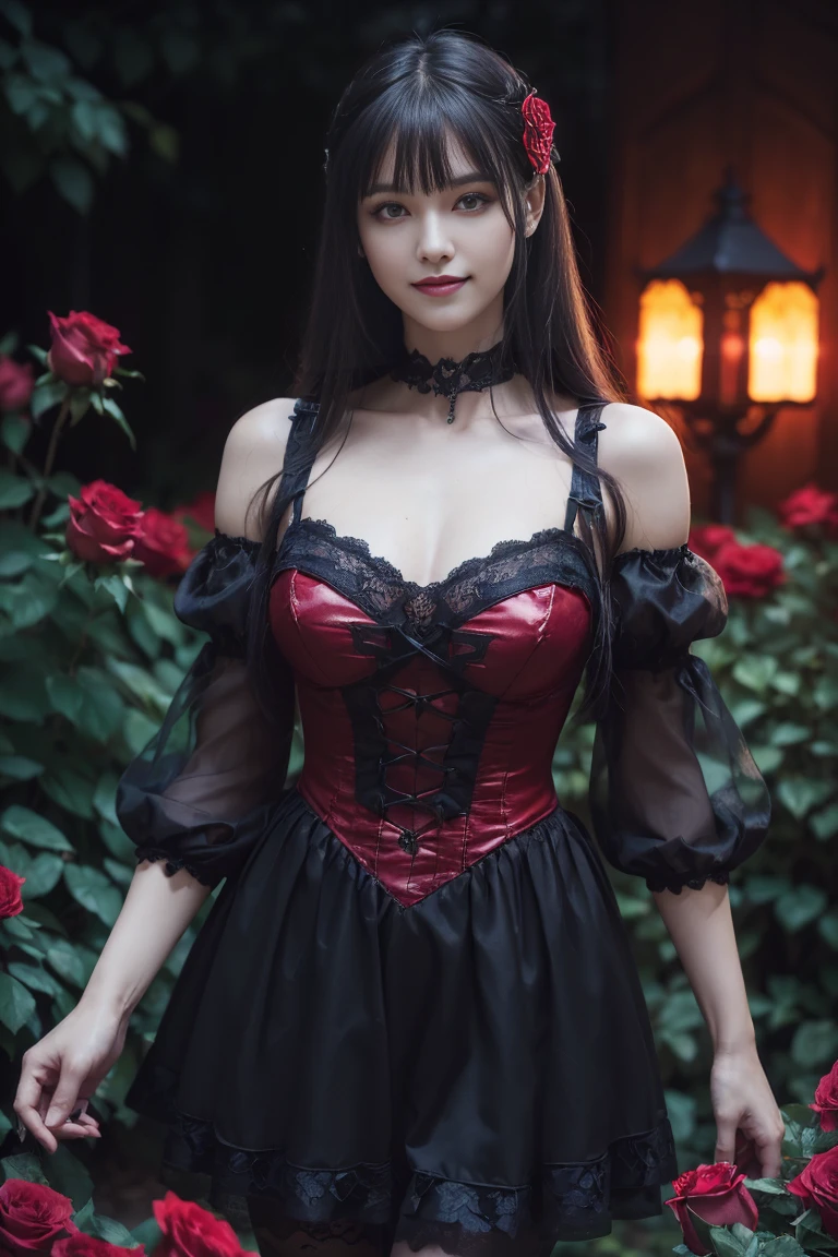 ((masterpiece, over-detailed)), concept art, illustration, digital art, (Crysis 3), high quality, diffuse reflection, (over-detailed: 1.0), (Red theme, red light, cinematic lighting: 1.3), look at the viewer, cowboy shot (demon girl, Gorgeous dresses, (blooming roses in the dark, mysterious charm, shady flowers, mesmerizing beauty, mysterious garden, petals in obscurity, Gothic elegance, deep crimson shades, secret flowers, embrace of the night, unearthly darkness, romantic melancholy, secretive charm, night roses, charming flowers, hidden beauty, charm of twilight, splendor of dark flowers, hidden charm, midnight garden: 1,3), FRACTURE (very long hair, gray hair, straight bangs, yellow eyes: 1,2), (high chest), atmospheric depth, (seductive smile, evil grin), puffy sleeves, transparent sleeves, garter straps, all four, octane, 8k uhd, League of Legends close-up, screensaver, Noxian armor