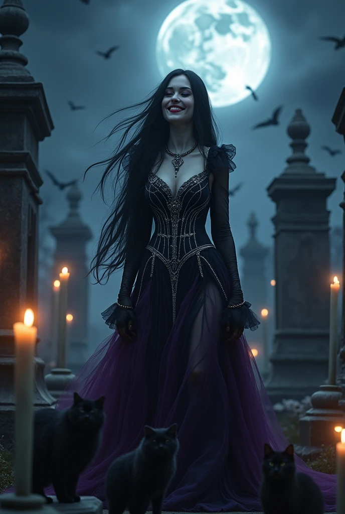 a woman with long black hair, pale skin, in the cemetery, wearing a long black and purple dress with silver details, black and white beaded necklace, with his hand on his waist laughing , black cats around, candles burning, on a full moon night