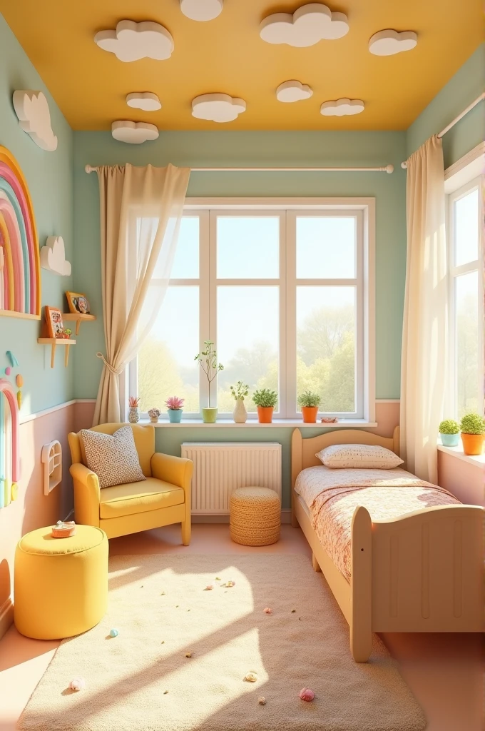 room is decorated with the theme of sunshine and rainbows, using soft pastel tones to create a cheerful and welcoming environment. This space is ideal for a child, offering a vibrant and fun atmosphere that stimulates the imagination.