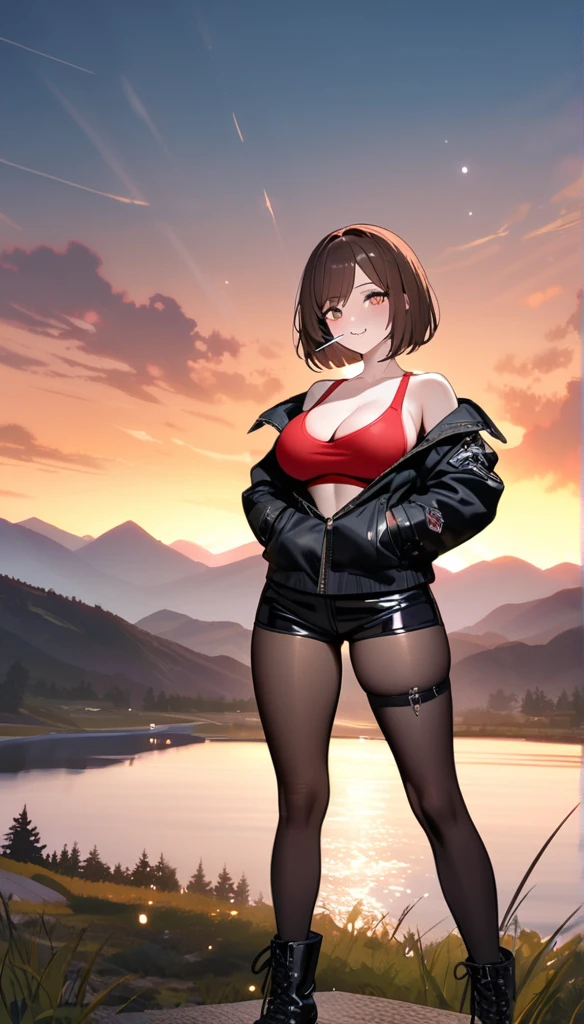 (One Woman),(Best image quality, 8k, masterpiece:1.3), Anatomically correct, ((Brown hair bob cut:1.1)),(Swept-apart bangs,), (Cute eyes, Dark Eyes), (Mole under right eye), (thin),(Glowing Skin:1.1),(Pale skin:1.2),(Fantasyな雰囲気),(look up),Ultra-high resolution, Textured skin, Sparkle Effect, Fantasy,Bright Eyes,adult,Slender,Large Breasts,
Black Riders Jacket,Black hot pants,Black leather gloves,Black Leather Boots,Black Helmet,Round goggles,Black tights,
Red sports bra,Cleavage Aviator Sunglasses, put a cigarette in your mouth, Huge chopper bike, Wilderness landscape, evening,Sunset,Biker gang, A defiant smile, Lean back, Are standing, Crossing your legs, Arms crossed