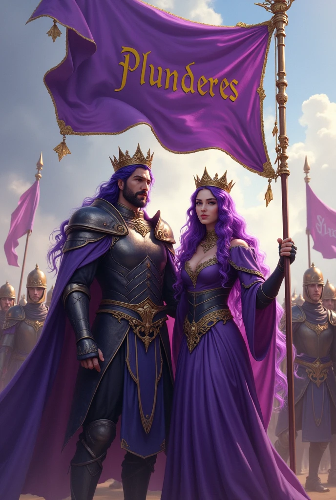 A purple haired man with a crown and a purple haired woman with a crown, holding the detailed flag with the word Plunderes in his hands and behind him his army of warriors