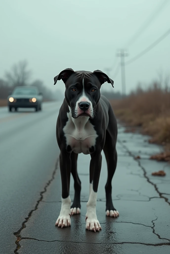 (photorealism:1.2), slim pitbul dog, black en white, abandoned in the road, ears down, car drivig away