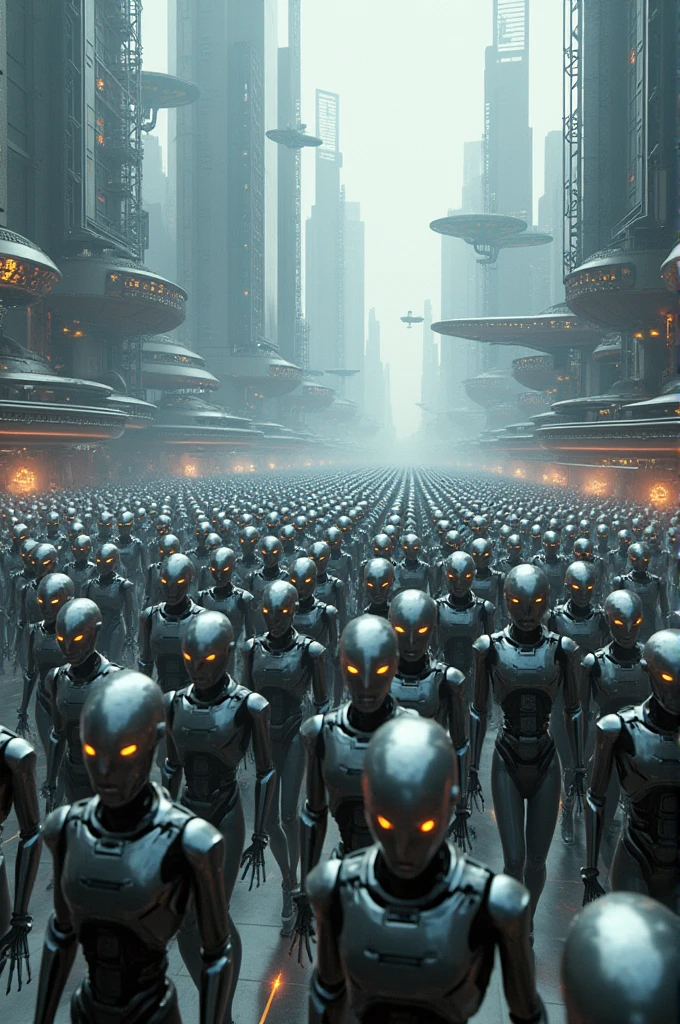 create an image of hundreds of robots walking around in a futuristic-themed location