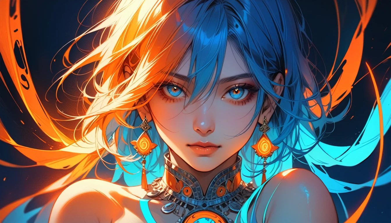 Neon Art,Illustrator, anime , Realistic ,sketch, 1 person, ,lip,Bollywood,(masterpiece,Highest quality) Indian background, Orange and marine blue hair,Expressionless,Hanging eyes, (masterpiece,Highest quality) ,whole body,
