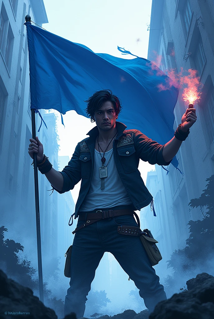A hooligan with a flag and a flare in blue and white