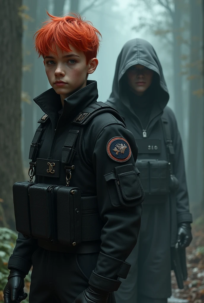 Young adult with intense red hair in black special forces uniform along with Ghost from call of duty