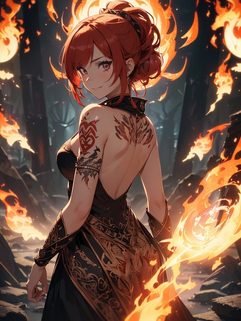 (((best quality, sharp image, clear image, cinematic lighting, 8k resolution, masterpiece, ultra detailed, intricate))) Girl, (((looking over left shoulder))), (shot from behind), fire mage, ((intricate background)), ((chaotic background)), red hair, smiling, ((flame runes, flame sigils)), (tatoo on back), slim figure, flying sigils, long dress