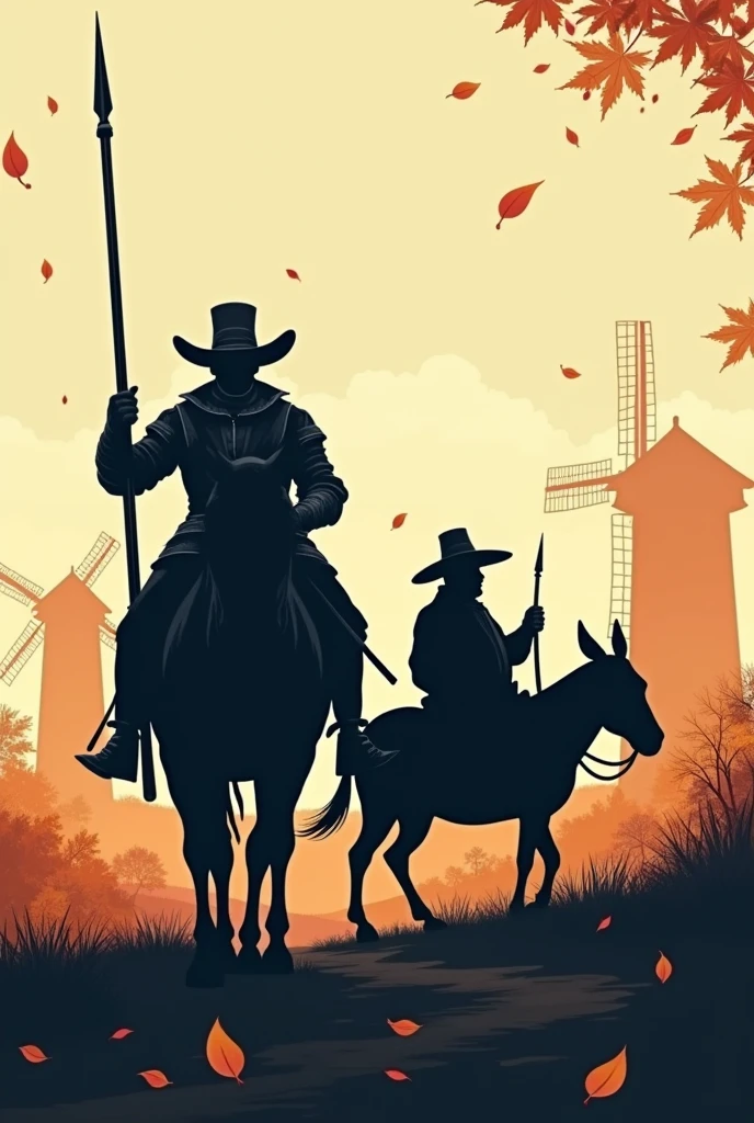 Create an illustration with just the silhouette of Don Quixote, a gentleman in iron armor and a lance on a horse, and his friend Sancho Panza, a short, pot-bellied man in a hat on his donkey, in an autumn setting.. Remembering that the illustration must take place in 1605 and must have windmills and falling tree leaves.


