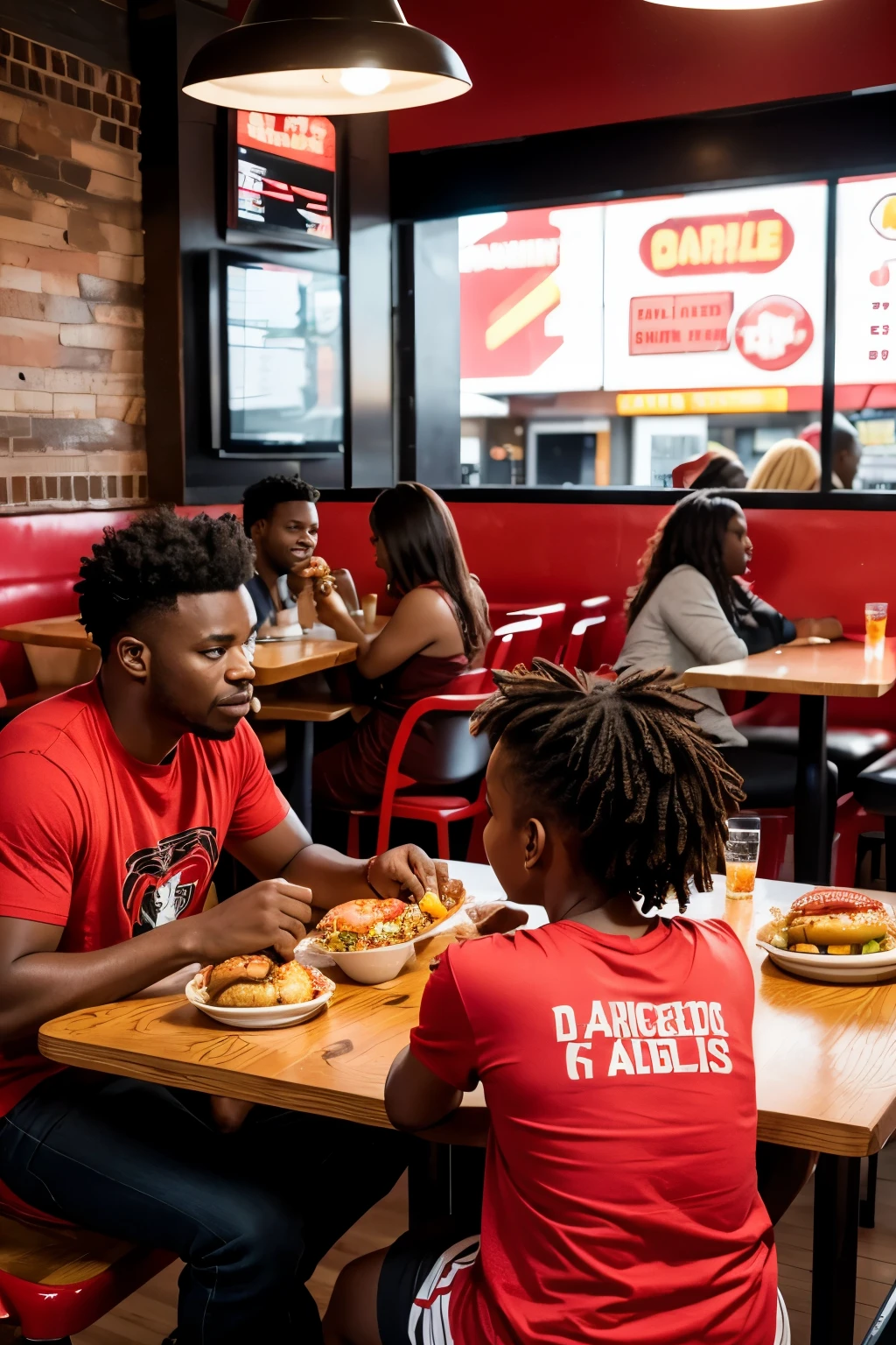 African family, eating burgers in a red and black fast food restaurant