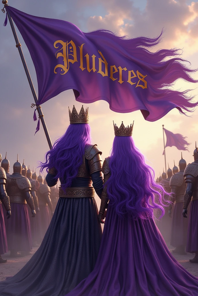 A purple haired man with a crown and a purple haired woman with a crown, holding the detailed flag with the word Plunderes in his hands and behind him his army of warriors 