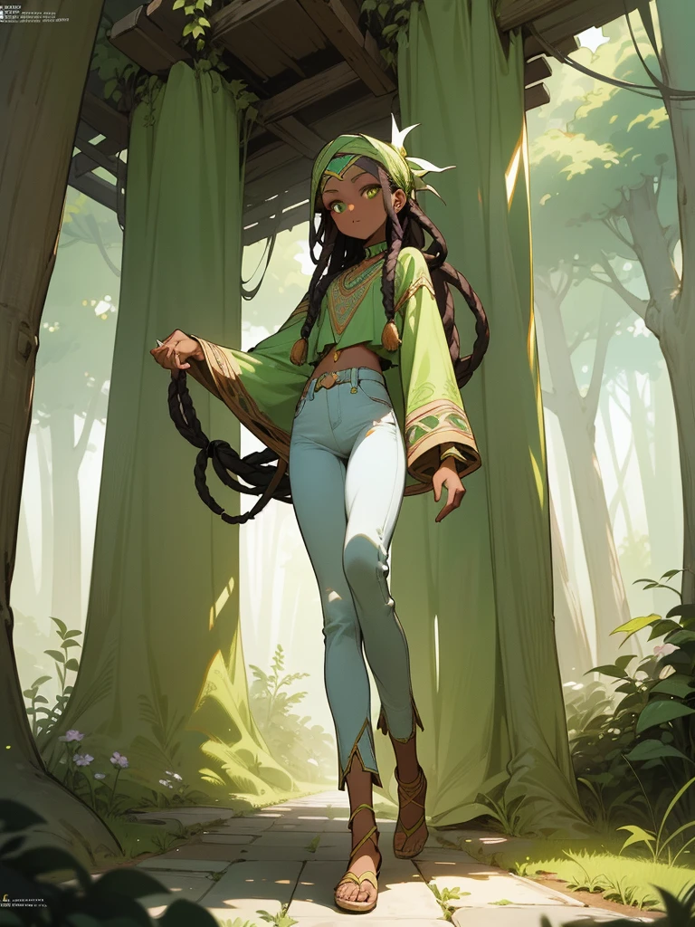 full-body shot), SFW, (masterpiece), (best quality: 1.0), (ultra highres: 1.0) skinny ((darker-skin)) Nigerian girl, dreadlocks, green eye, headband, boho outfit with long sleeve and ((low risebellbottomjeans)), sandels, vegetable and fruits baskets, walking, forest fantasy background, comic book artstyle