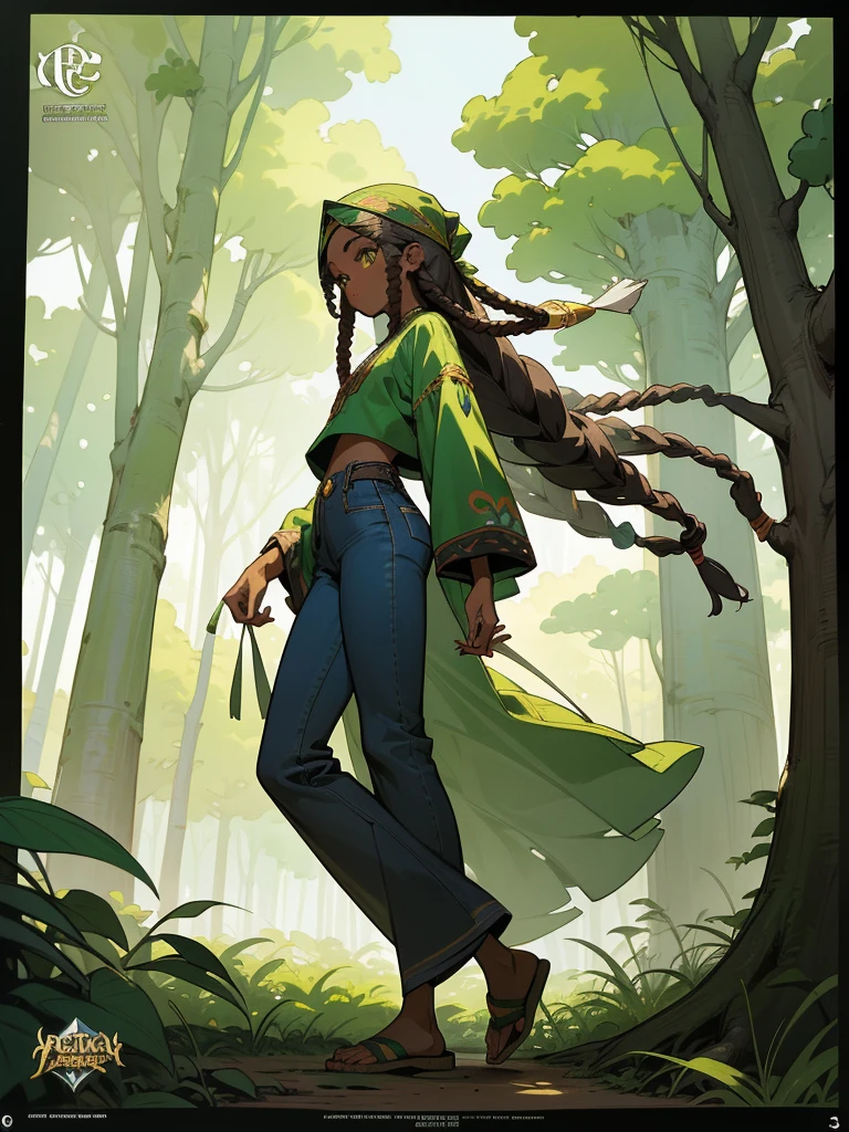 full-body shot), SFW, (masterpiece), (best quality: 1.0), (ultra highres: 1.0) skinny ((darker-skin)) Nigerian girl, dreadlocks, green eye, headband, boho outfit with long sleeve and ((low risebellbottomjeans)), sandels, vegetable and fruits baskets, walking, forest fantasy background, comic book artstyle 