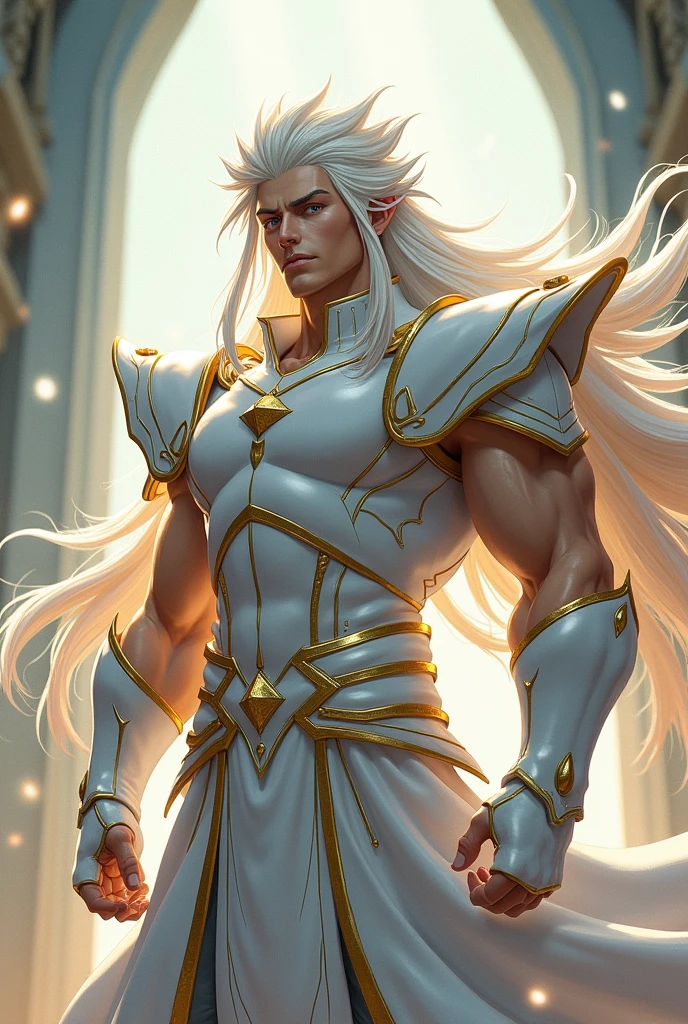 My Hero Academia, male gender body same as Gojo from jujutsu kaisen but with long hair,white hair color with golden tips and white armor